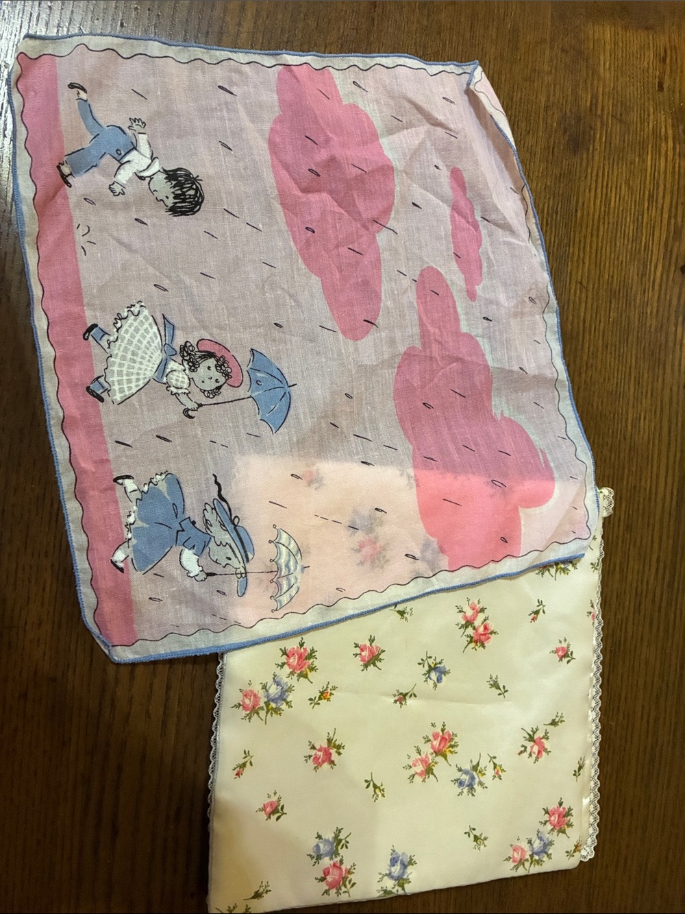 Pink Vintage-Style Cotton Handkerchief with Satin Pouch to hold it